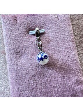 White Glass Pearl Charm With Blue Floral Print & Stainless Steel Lobster Clasp